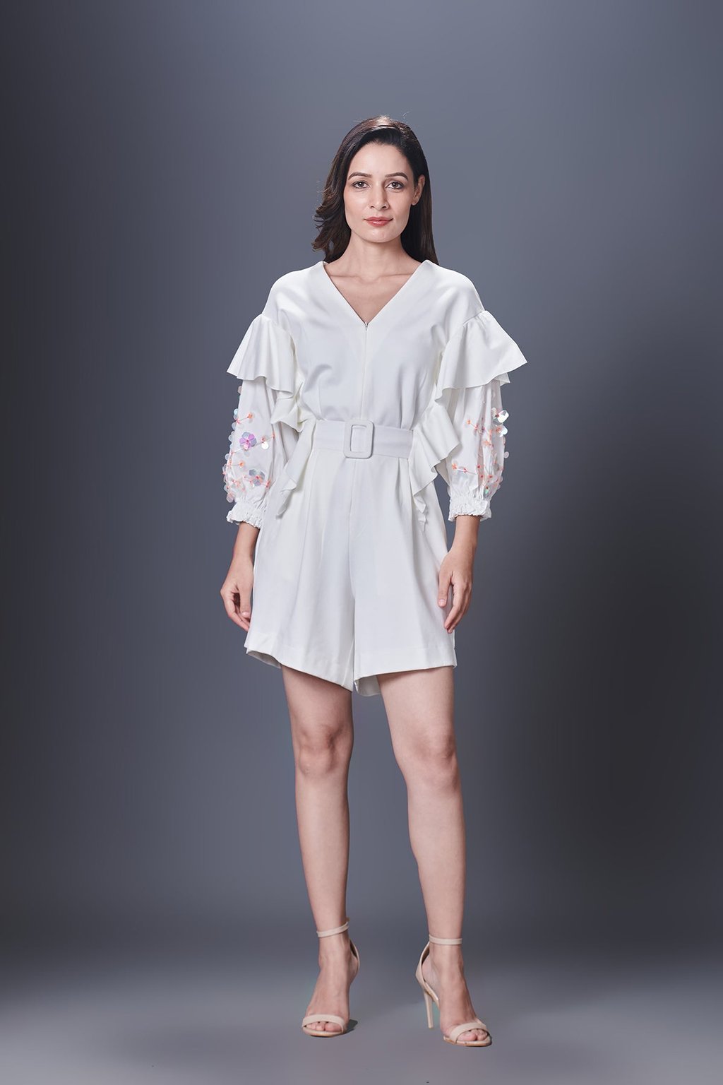 White Playsuit with Hand Embroidered Sleeve & Belt