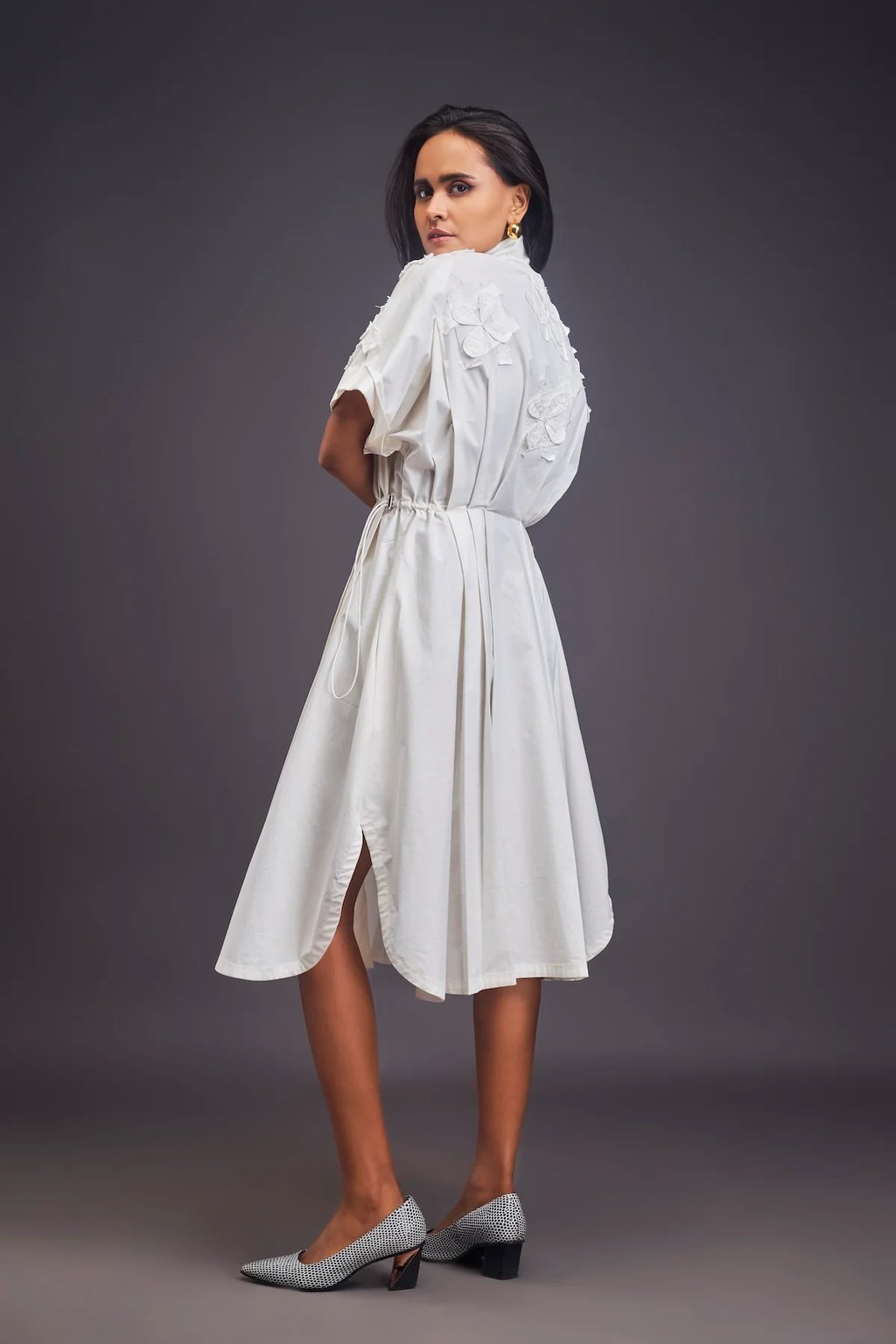 Pleated Oversized Shirt Dress with Patchwork White