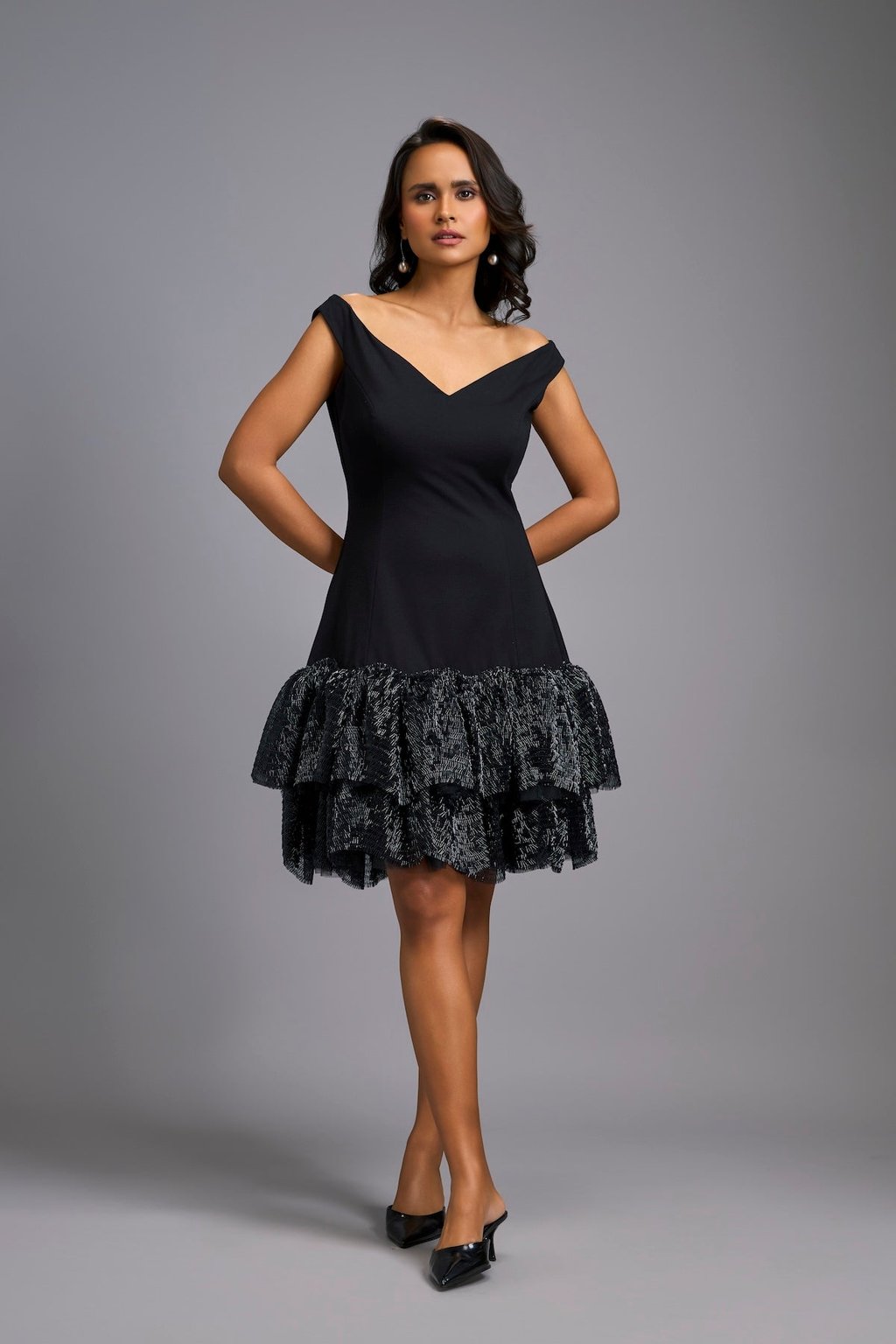 Off-Shoulder Dress with Shimmer Ruffles