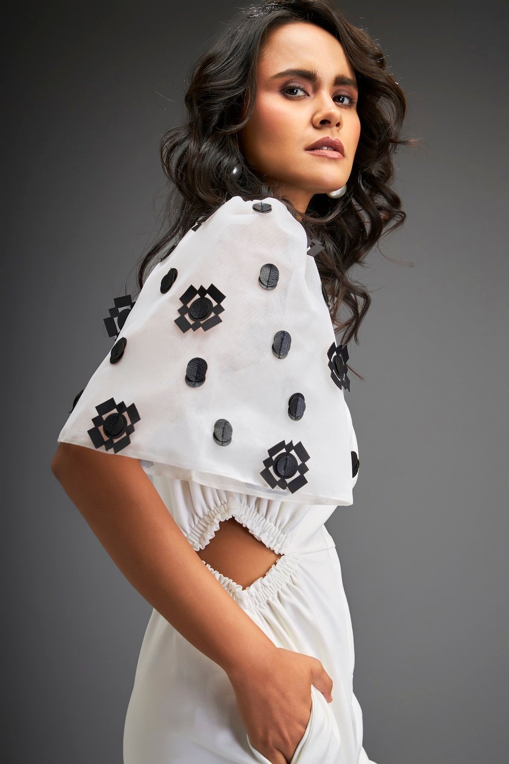 White Embroidered Sleeves Jumpsuit with Belt
