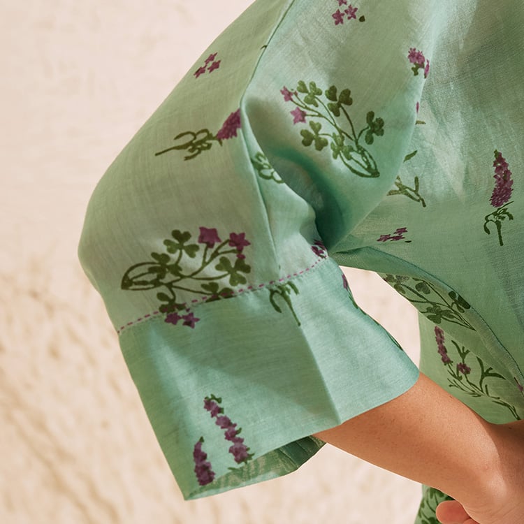 Teal Chanderi Hand Block Floral Kurta Set