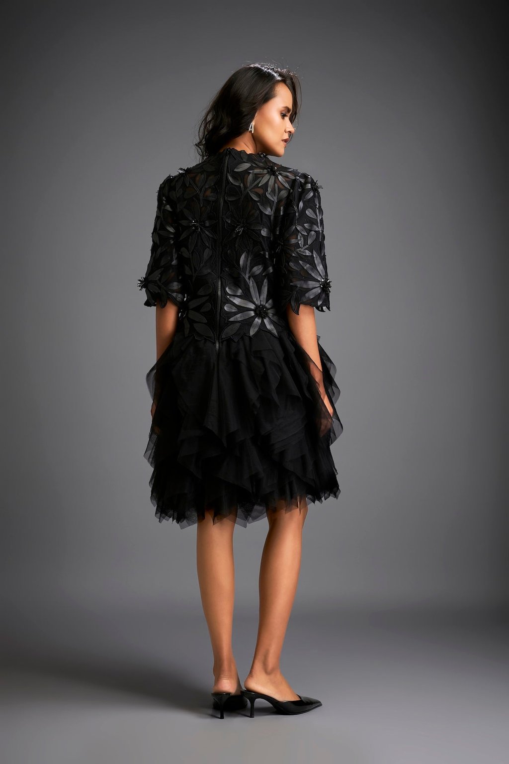 High-Neck Floral Applique Dress