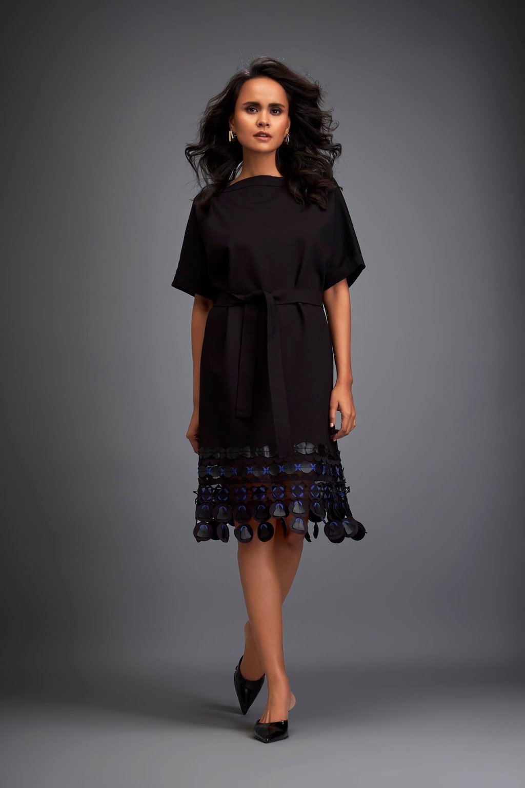 Structured Dress with Leather Applique Hem and Belt