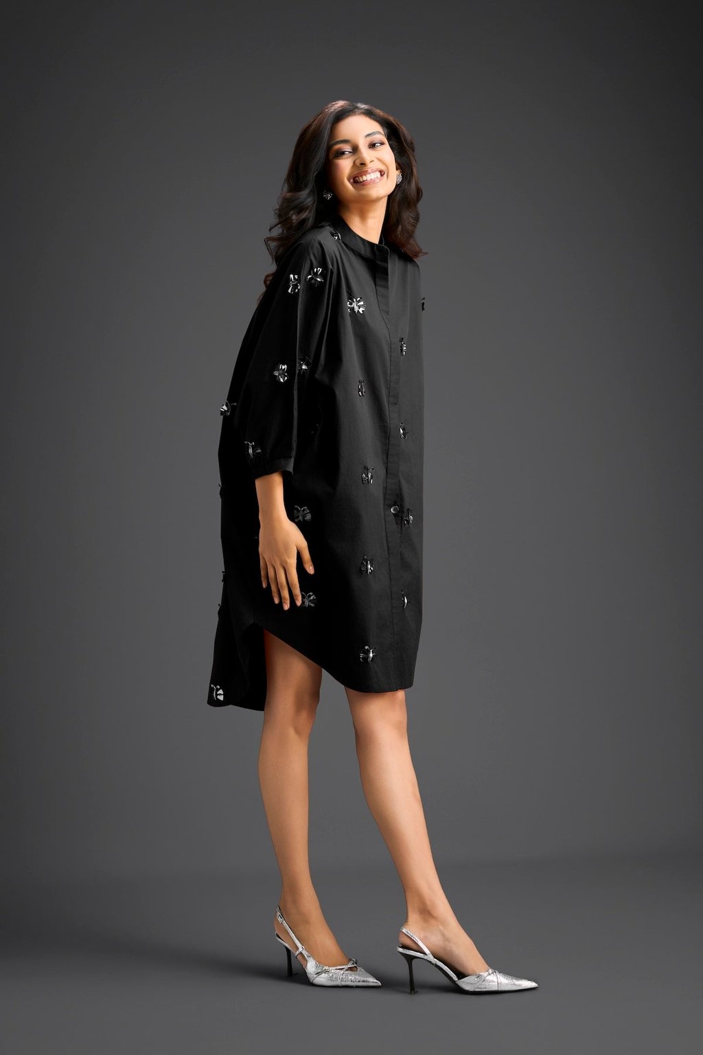 Balck Oversized Shirt Dress with Butterfly Motifs
