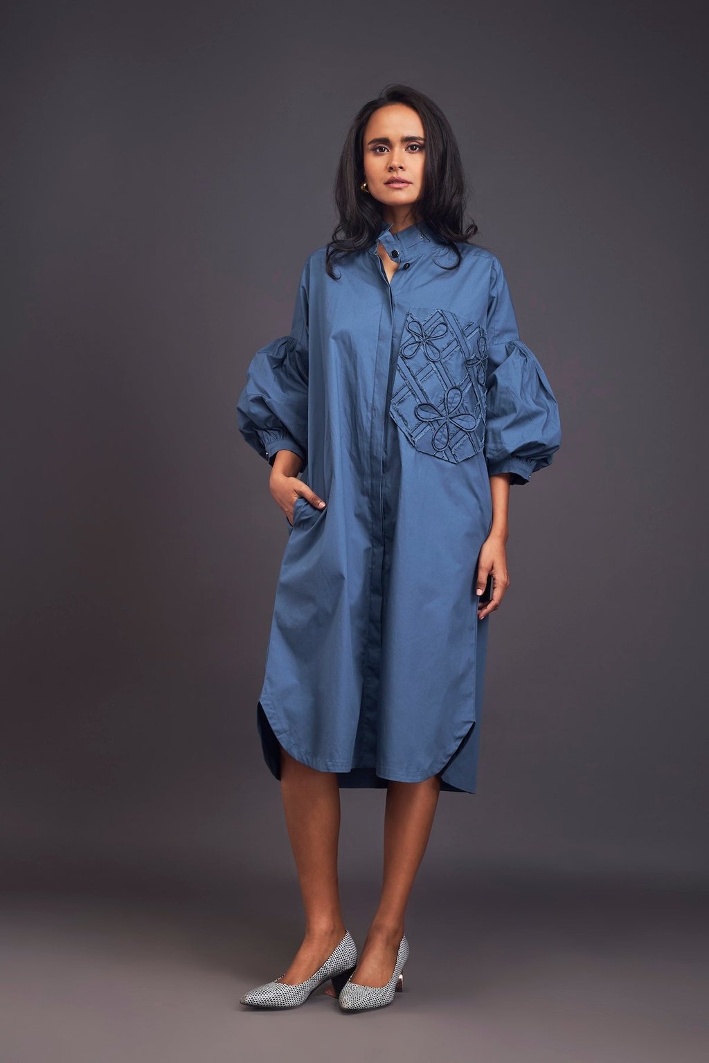 Oversized Shirt Dress with Embroidered Pocket