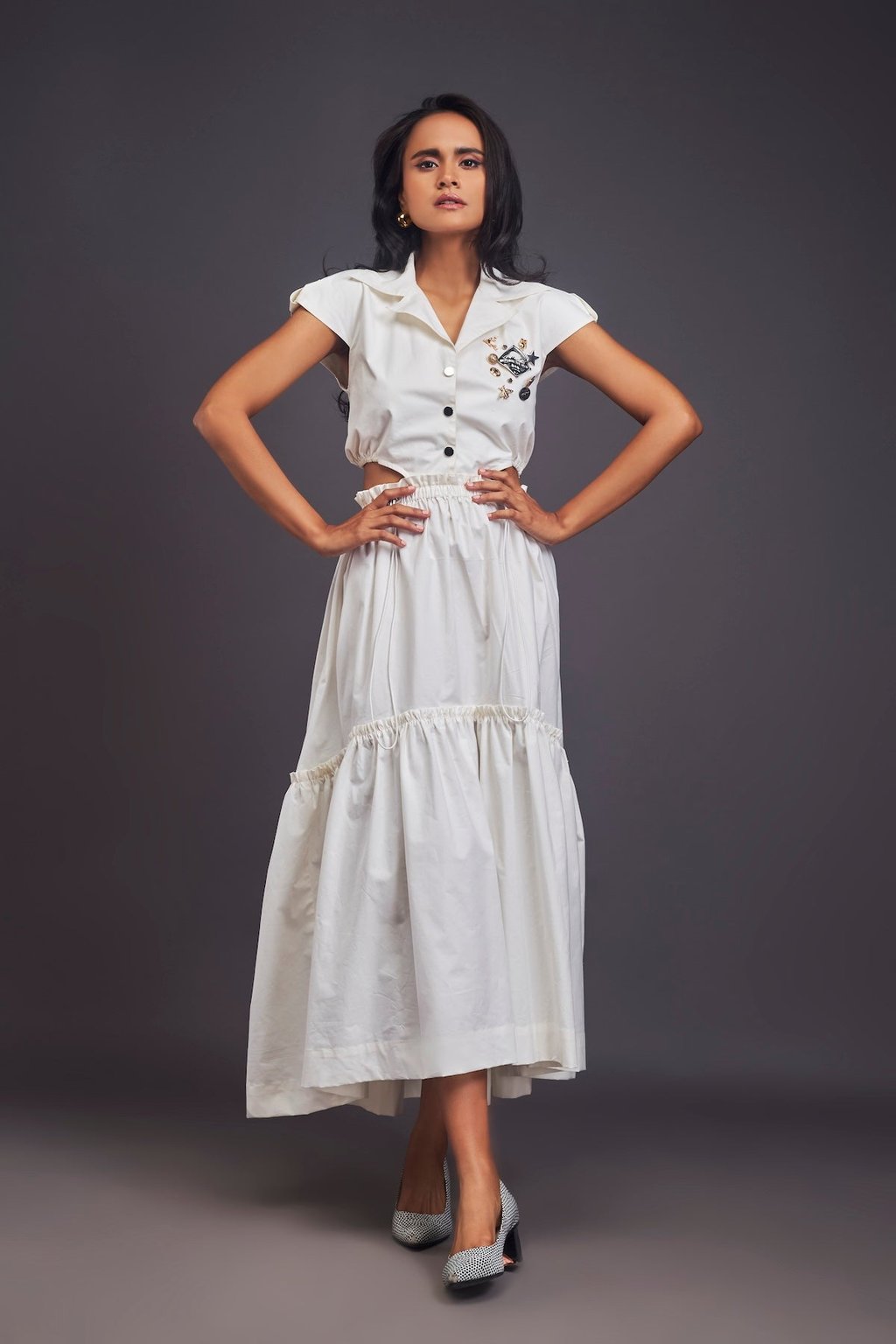 Lapel Collar Long Dress with Side Cutouts