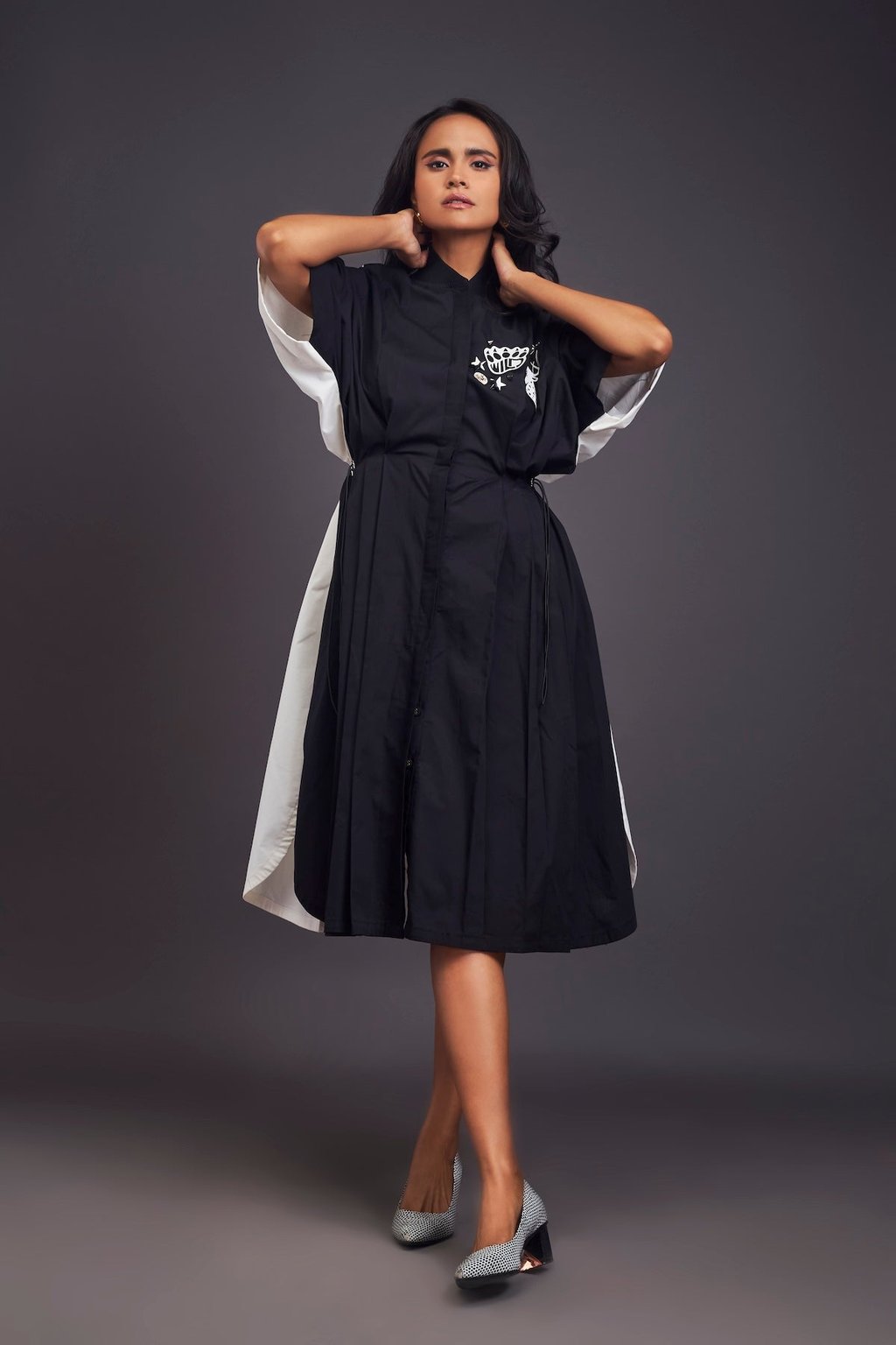 Pleated Oversized Shirt Dress with Patchwork