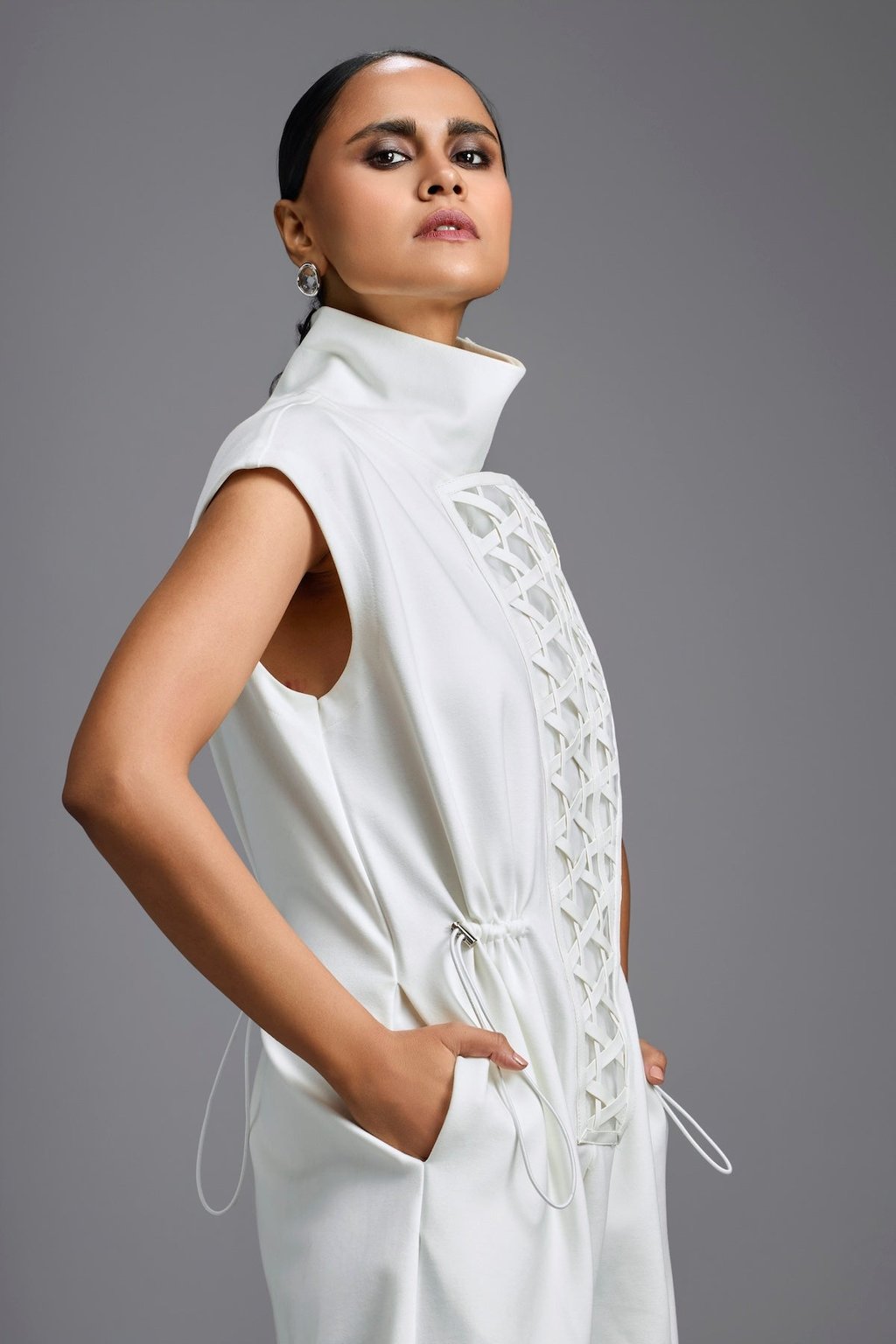 Jumpsuit with Woven Leather Panel
