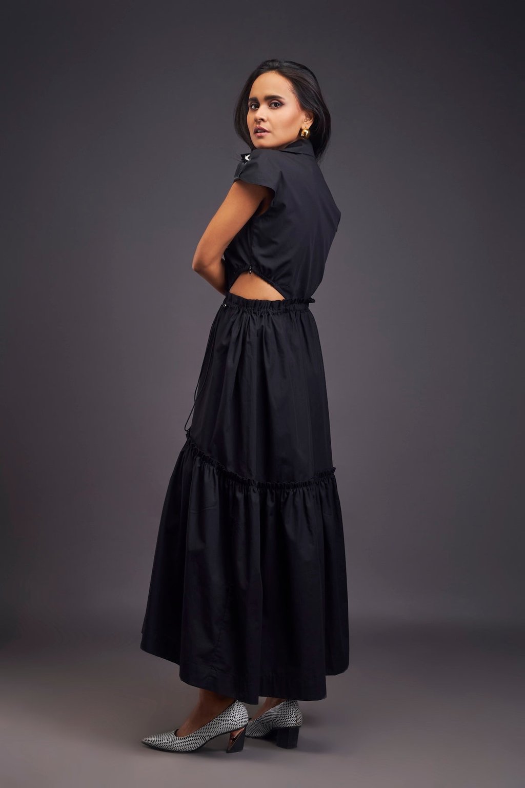Lapel Collar Long Dress with Side Cutouts Black