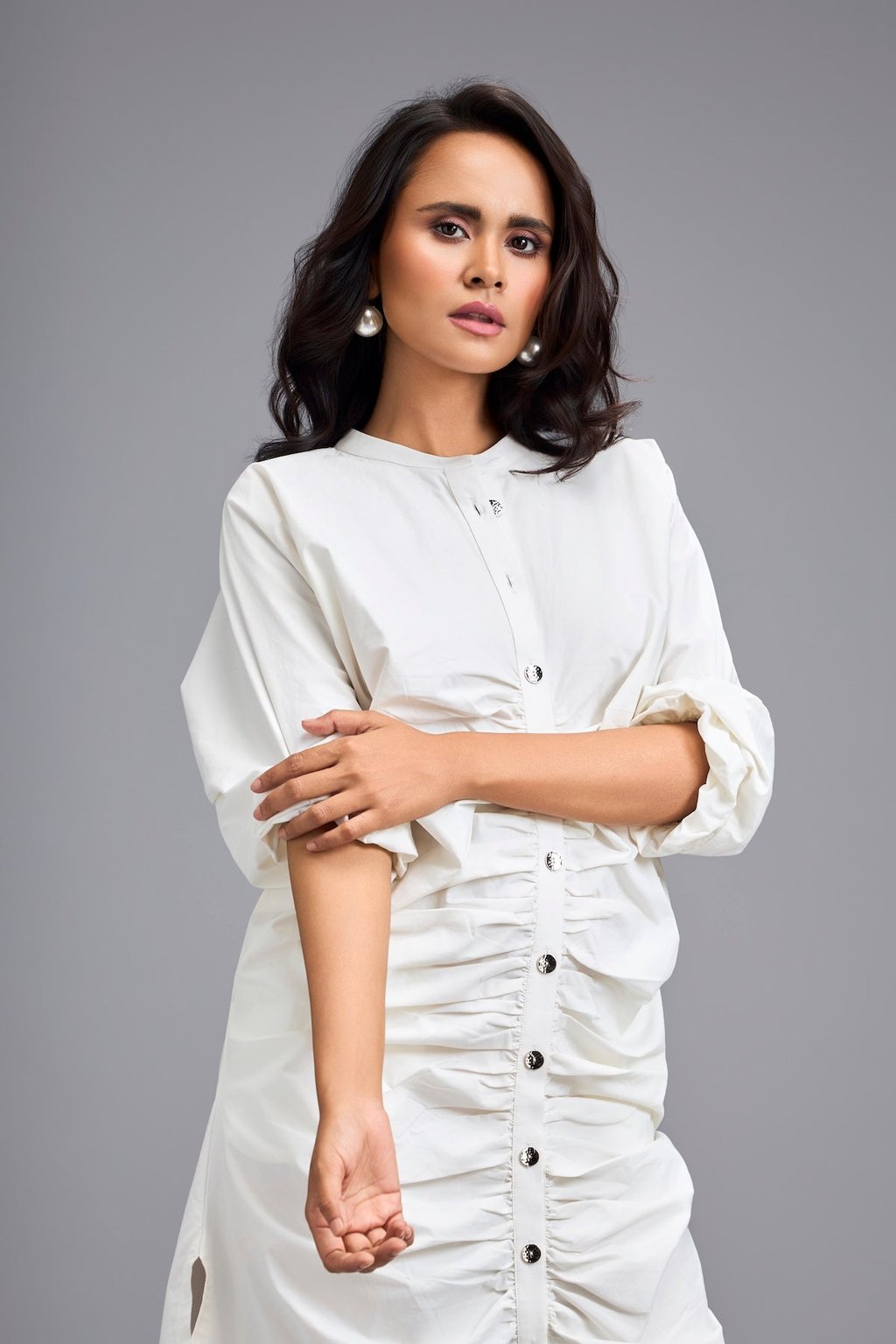White Ruched Button-Down Shirt Dress