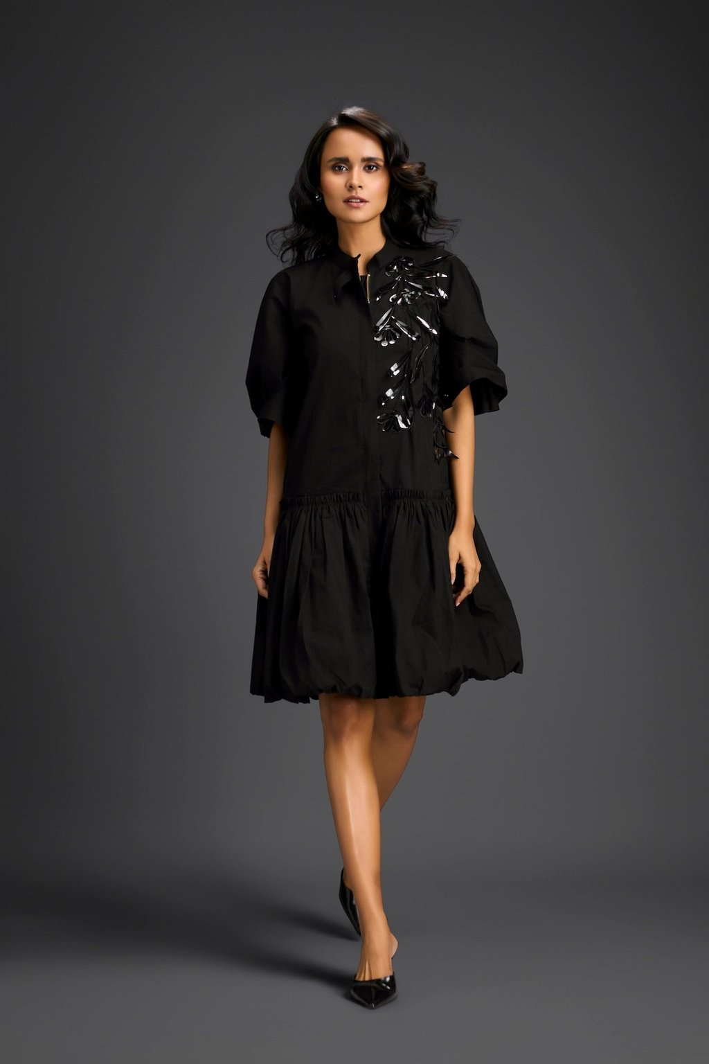 Black 3d Floral Embellished Puff Sleeve Dress