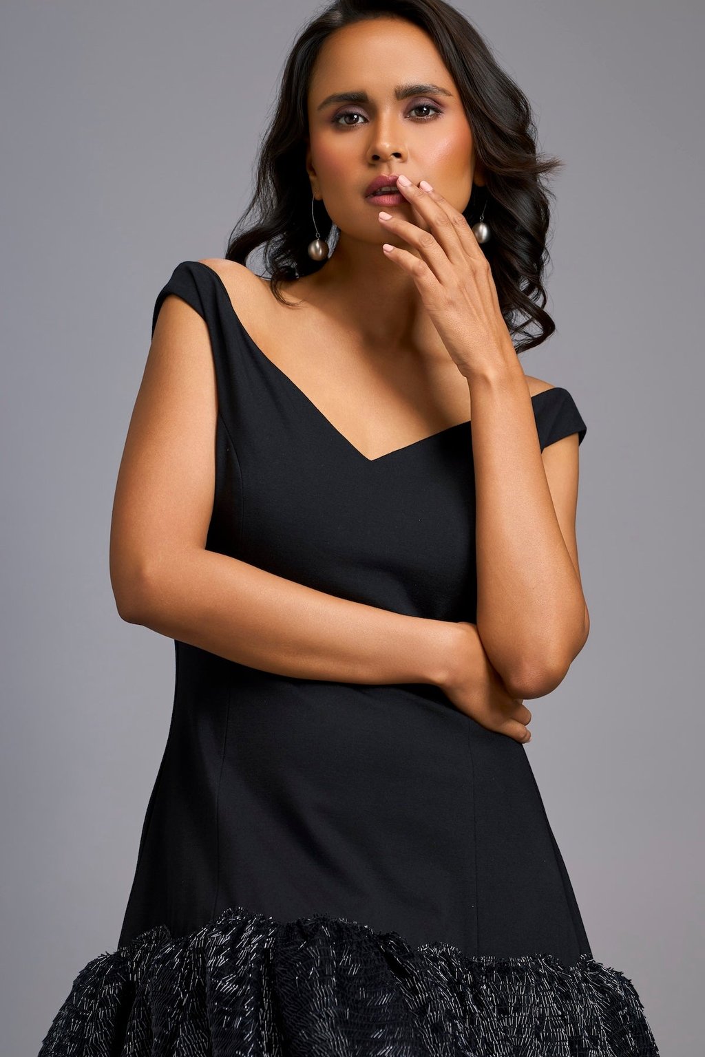 Off-Shoulder Dress with Shimmer Ruffles