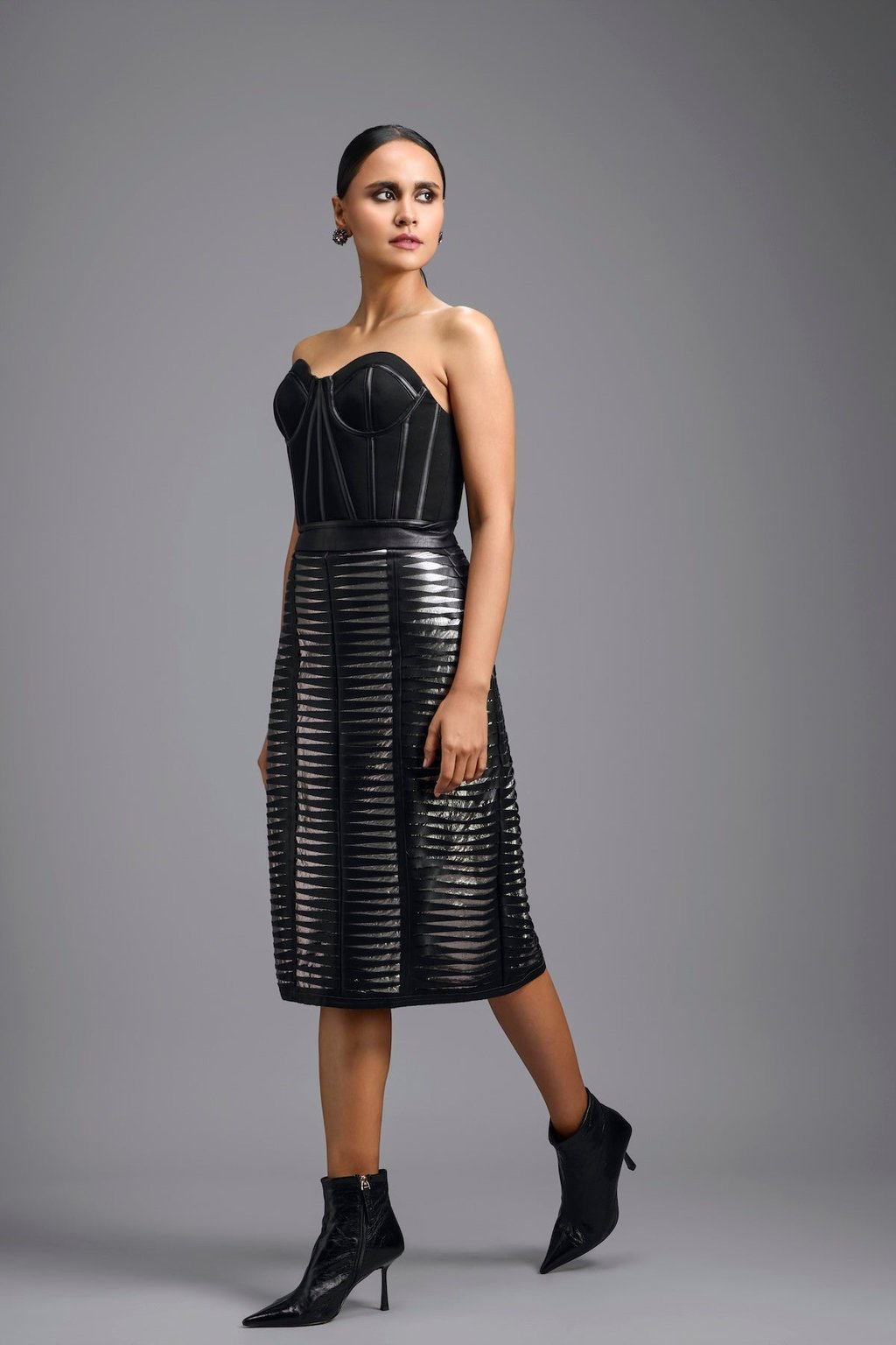 Sheer Leather-Strip Pencil Skirt