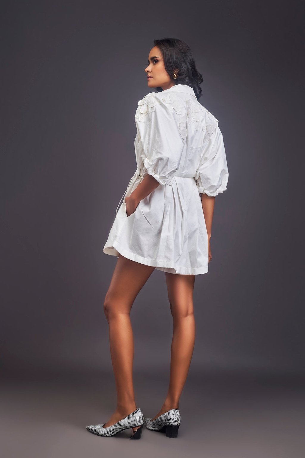 Lapel Collared Pleated Playsuit White