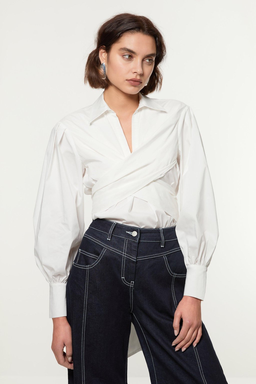 Cotton Poplin Drama Sleeve Woven Wrap Detail Blouse