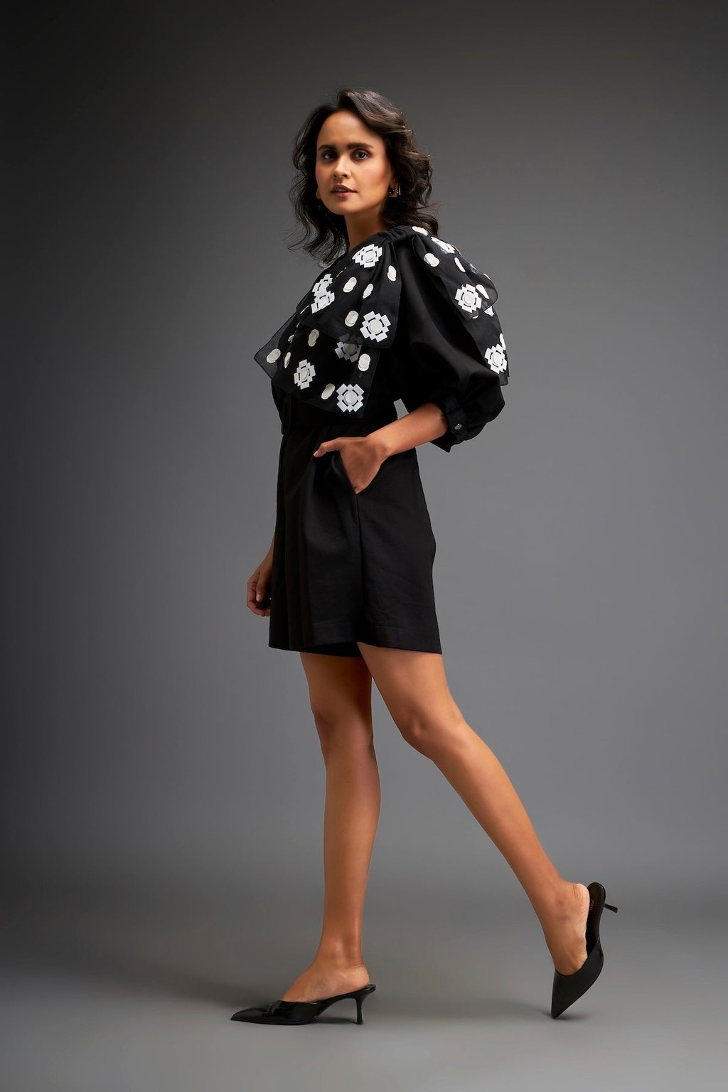 Playsuit with Applique Work on the Shoulder