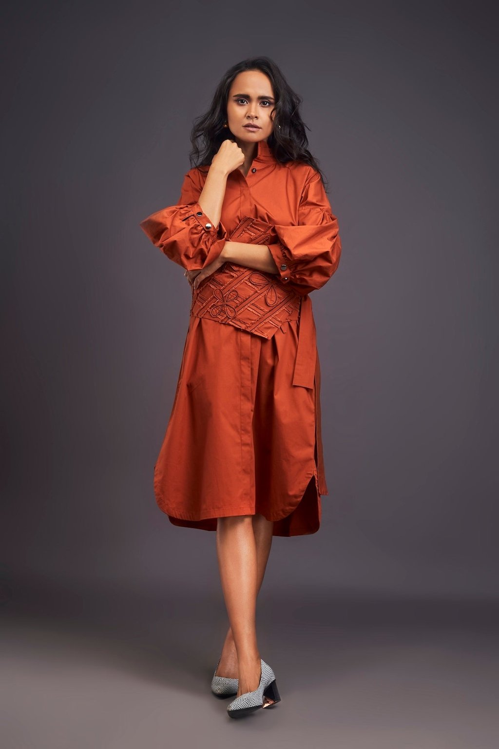 Shirt Dress with Applique Corset Style Tie up Belt