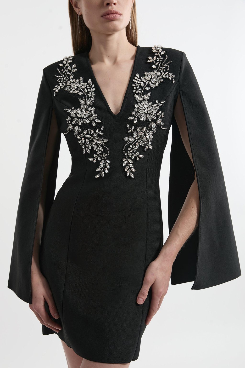 Bandage Form Fitting Cape Sleeve Embellished Mini Dress