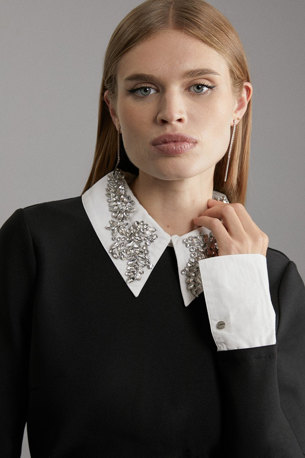 Figure Form Bandage Embellished Collar Knit Top