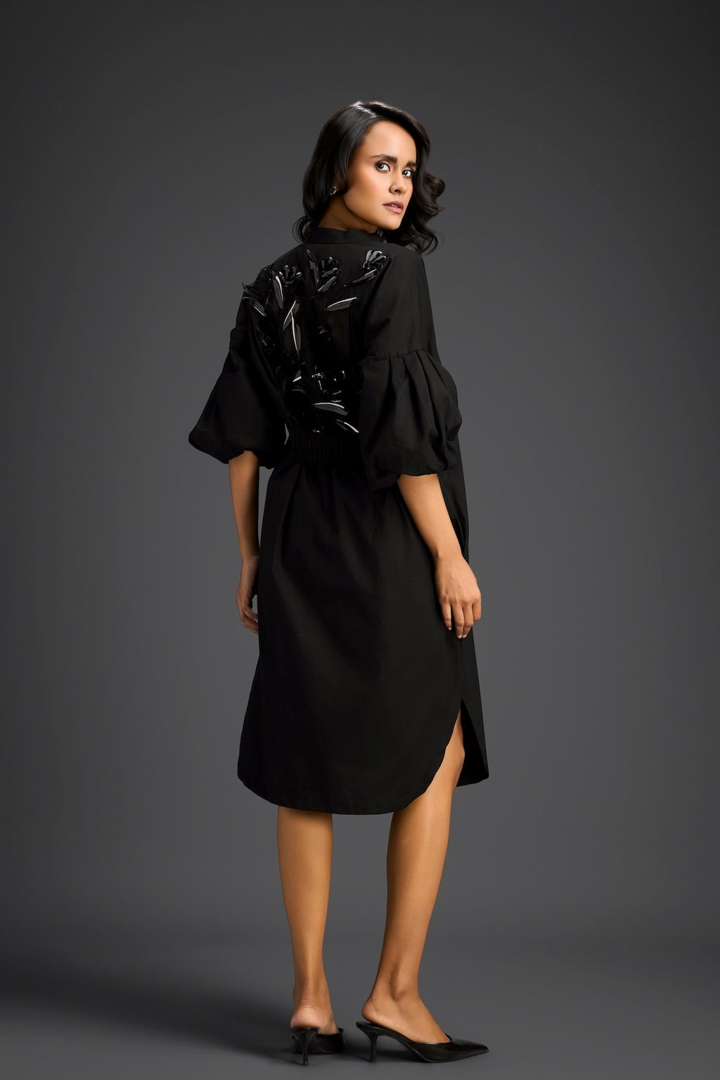 Black Puffed Sleeve Shirt Dress with Sheer Back