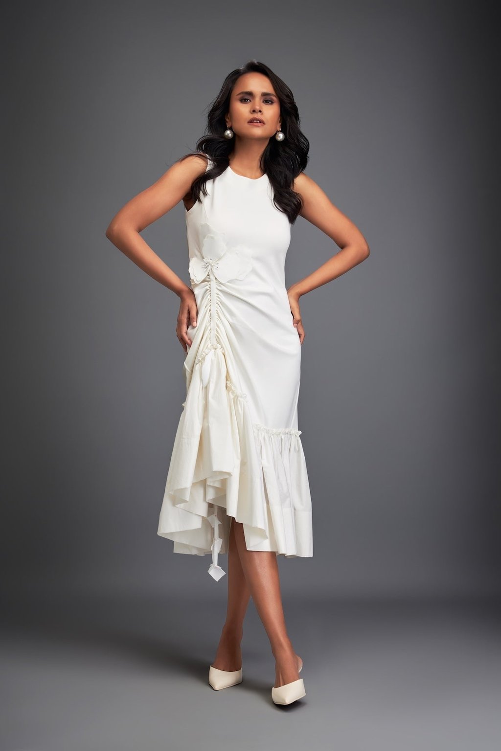 Dress with Ruched Floral Embellishments