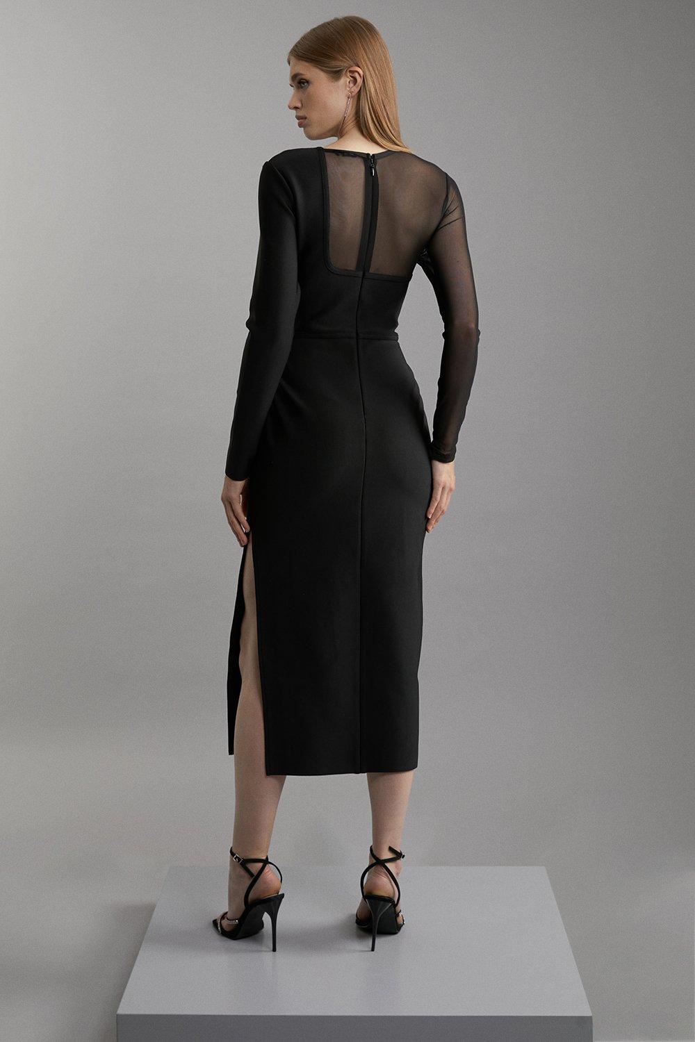 Figure Form Bandage Mesh Detail Asymmetric Trim Midi Dress