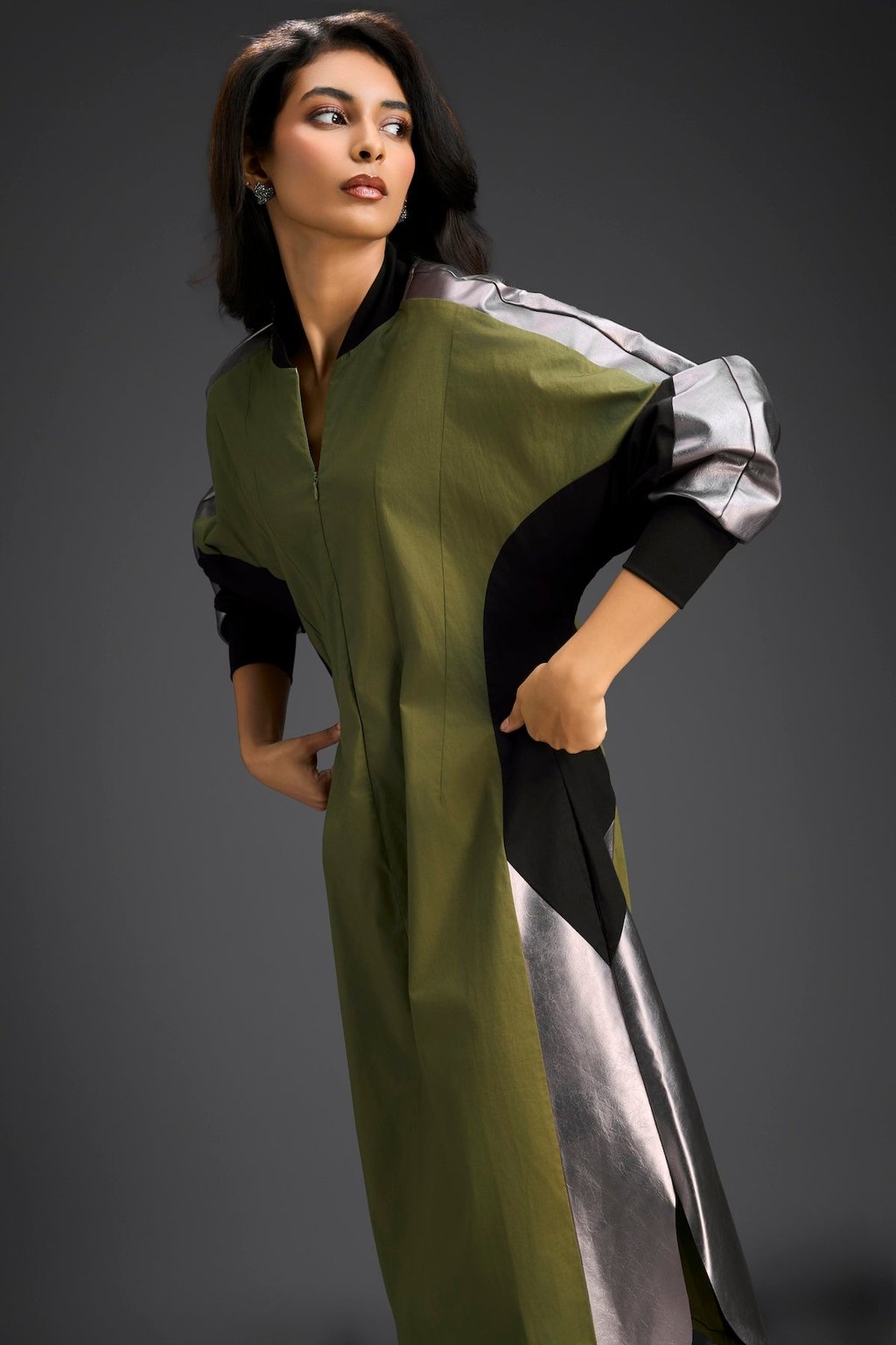 Olive Balloon Sleeve Midi Dress