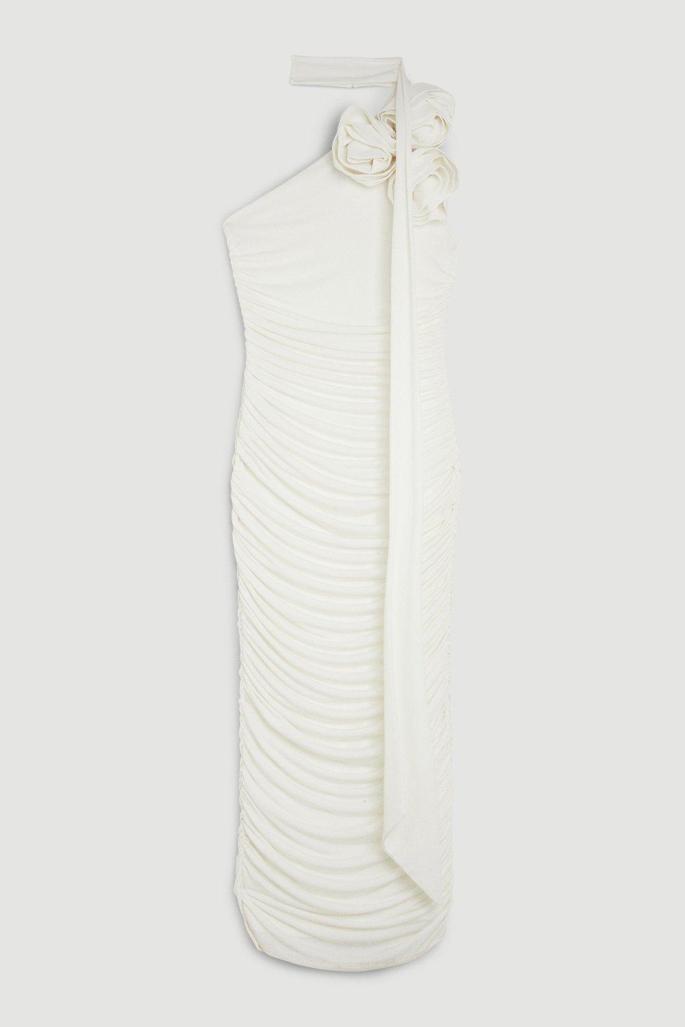 Drapey Ruched Jersey Rosette Midi Dress