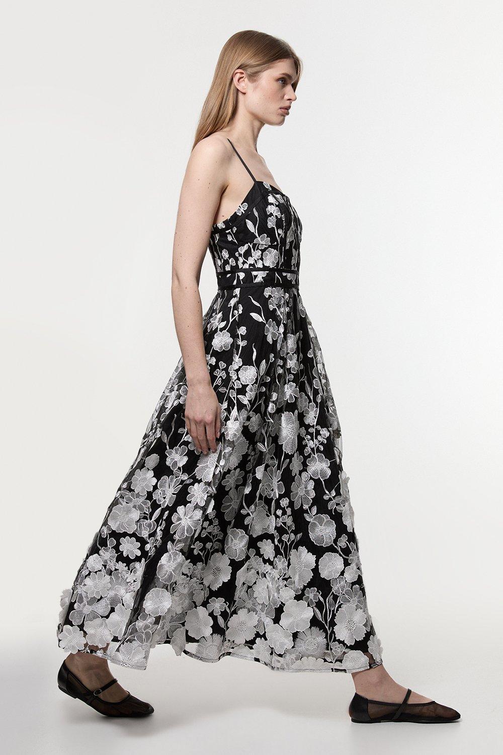 Floral Applique Corset Detail Woven Midi Dress