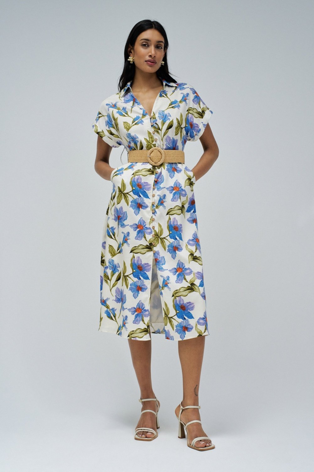 Linen Shirt Dress W/Front Buttoned Belt
