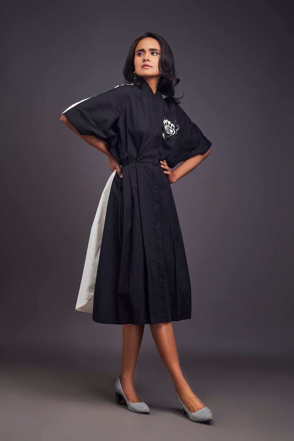 Pleated Oversized Shirt Dress with Patchwork