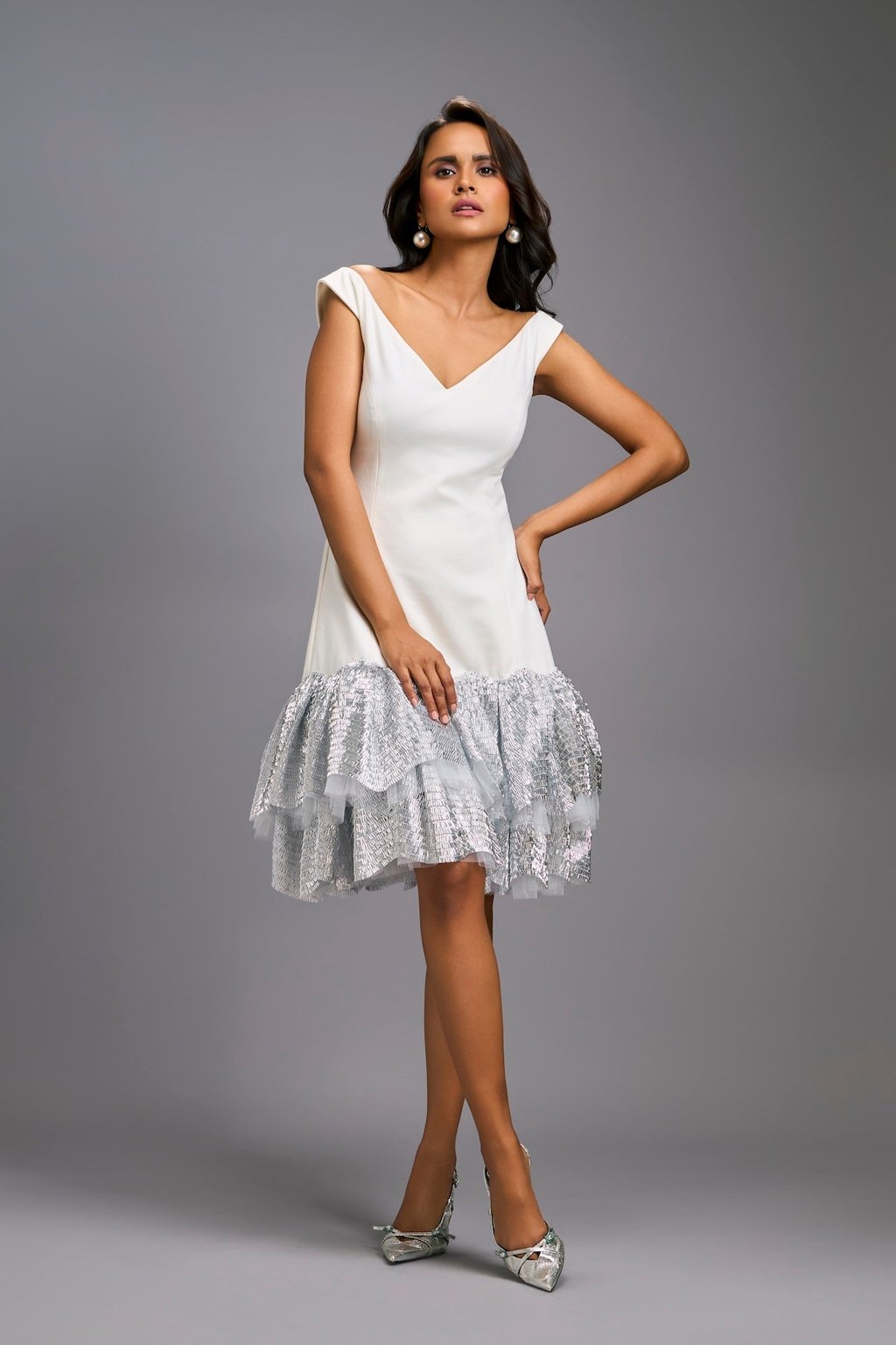 Off-Shoulder White Dress with Shimmer Ruffles
