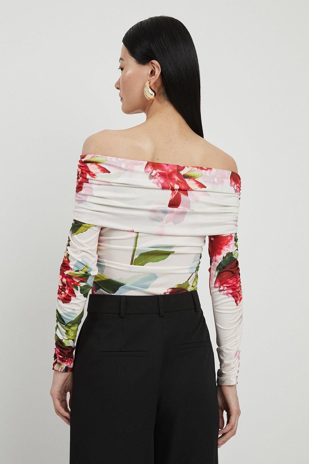 Rose Print Drapey Crepe Jersey Bardot Bodysuit