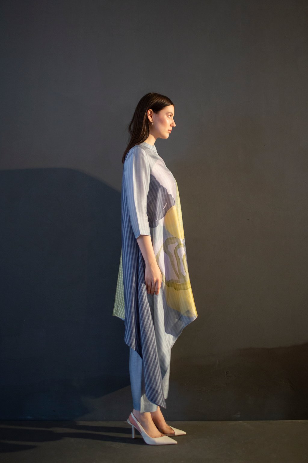 Grey & Yellow Long Kaftan Tail Set