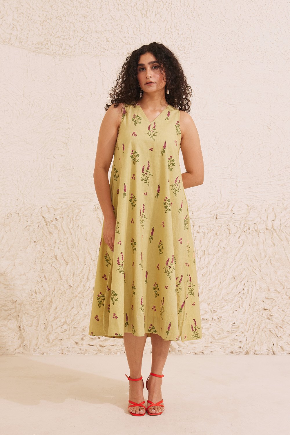 Sage Green Chanderi Hand Block Floral Dress