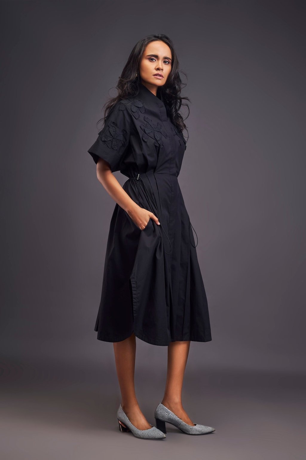 Pleated Oversized Shirt Dress with Patchwork Black