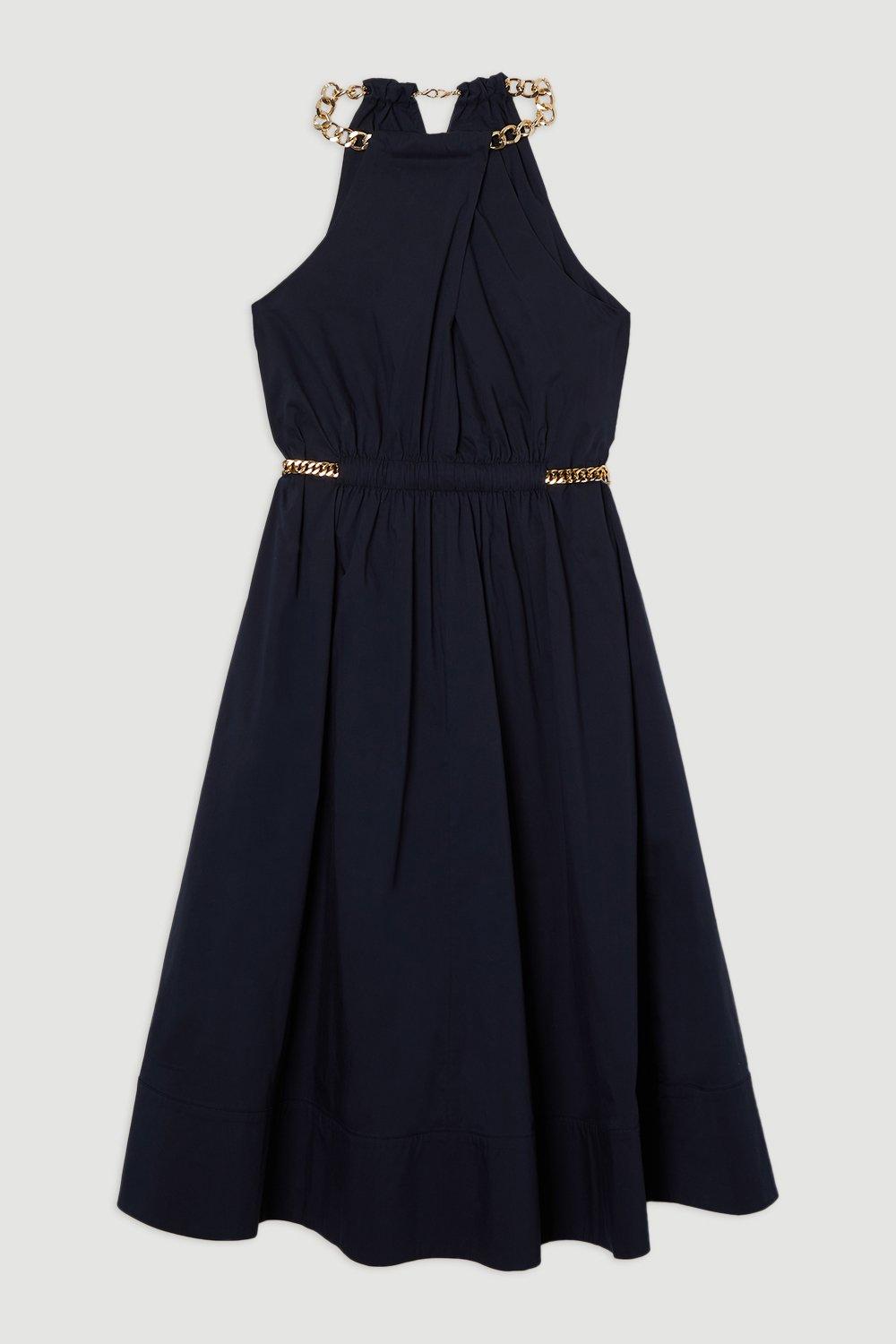Cotton Poplin Chain Halter Woven Midi Dress