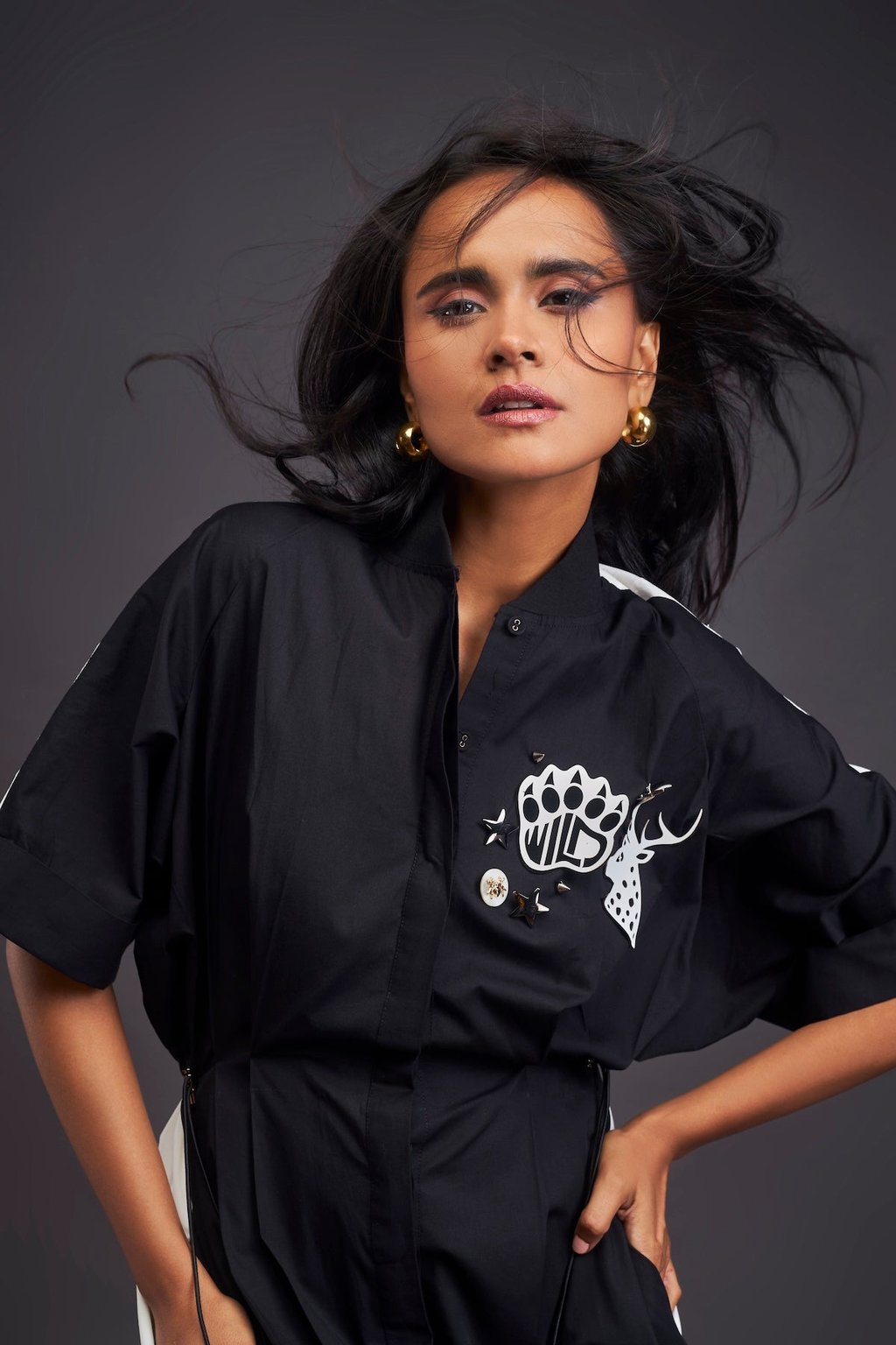 Pleated Oversized Shirt Dress with Patchwork