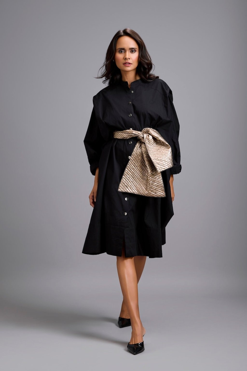 Button-Down Midi Dress with Bow Belt