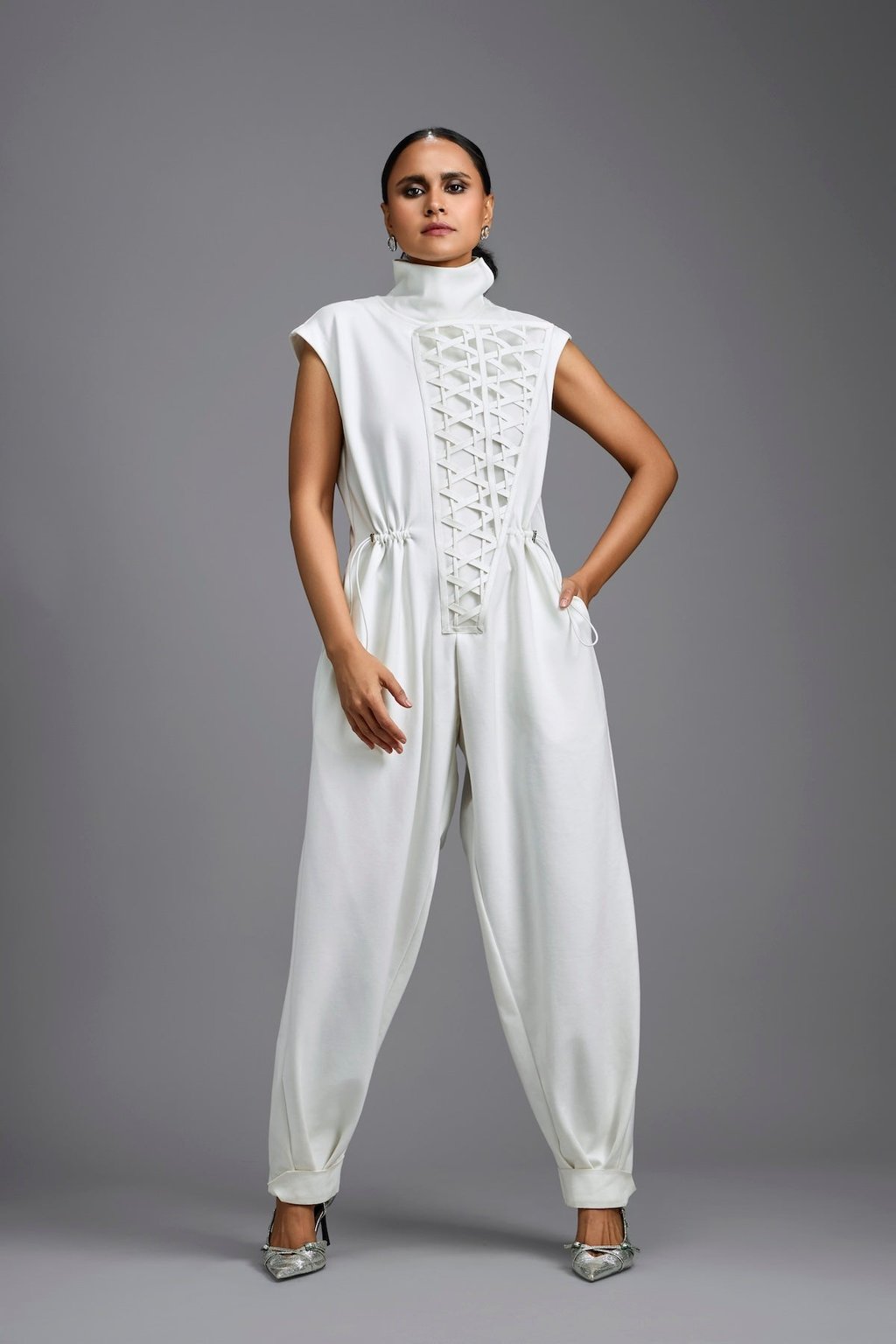 Jumpsuit with Woven Leather Panel