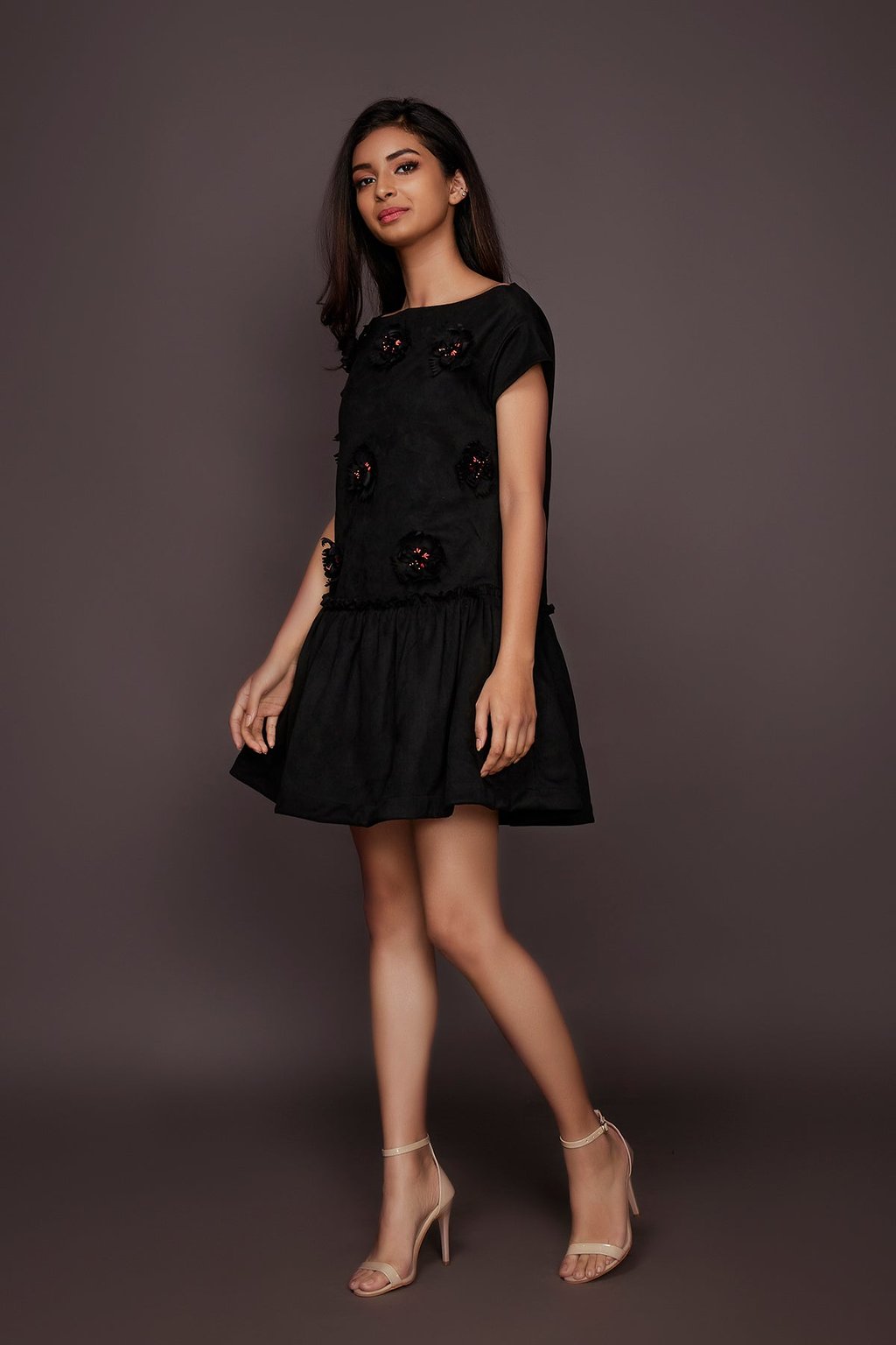 Black Suede Embroidered Short Dress