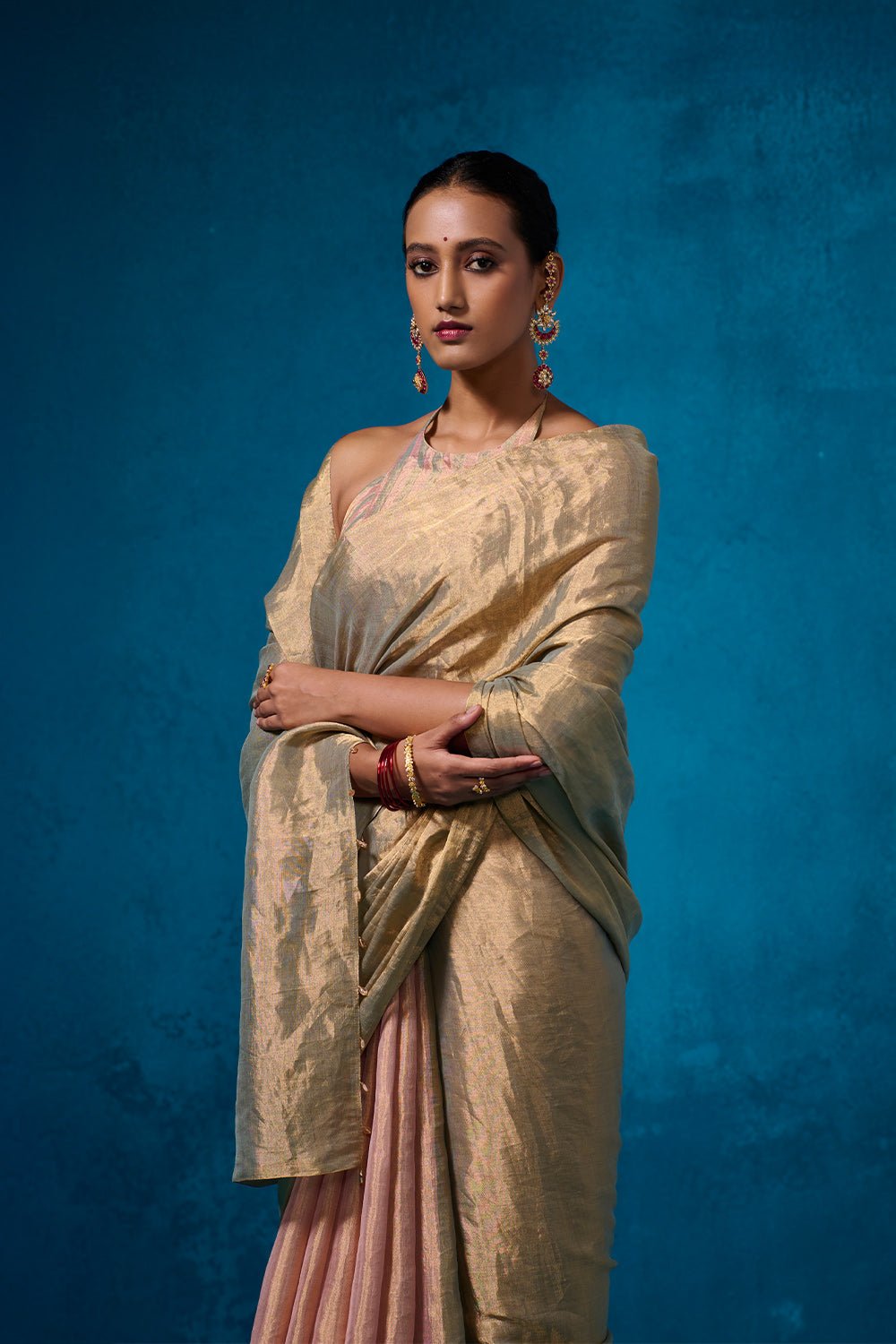 Farozaan Tissue Fabric Peach & Green Sarees