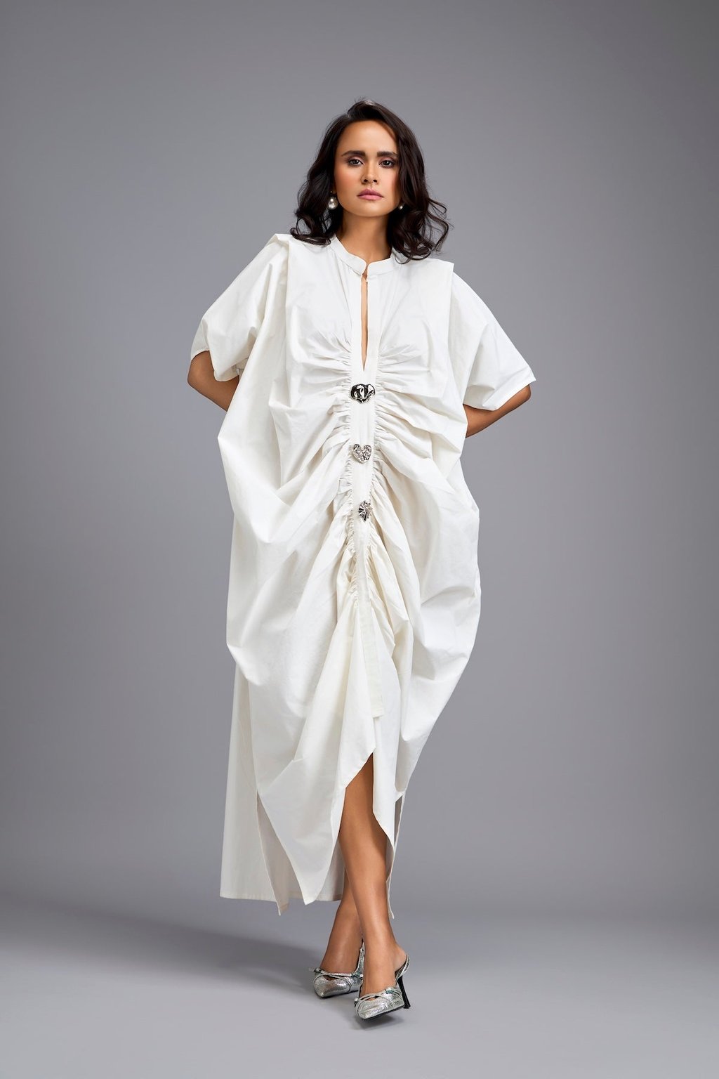 White Draped Kaftan Sleeve Dress with Gold Button